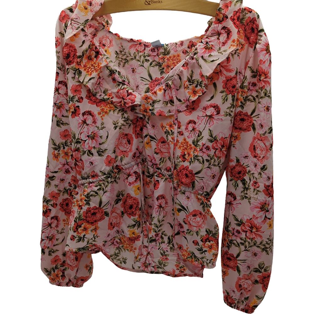 Old Navy L Floral Ruffle Peplum Blouse Pink Red